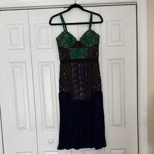 Self-Portrait Green and Navy Mixed-Print Midi Dress